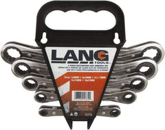 Lang - 5 Piece, 7mm to 21mm, 12 Point Ratcheting Box Wrench Set - Metric Measurement Standard, Nickel Chrome Finish, Comes in Caddy - Exact Tool & Supply