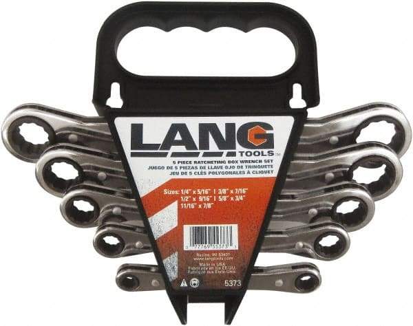 Lang - 5 Piece, 1/4" to 7/8", 12 Point Ratcheting Box Wrench Set - Inch Measurement Standard, Nickel Chrome Finish, Comes in Caddy - Exact Tool & Supply