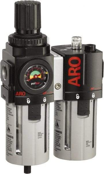 ARO/Ingersoll-Rand - 3/8" NPT Port Standard 2 Piece Filter/Regulator-Lubricator FRL Unit - Polycarbonate Bowl, 96 SCFM, 150 Max psi, 9.95" High x 5.724" Long, Manual Drain - Exact Tool & Supply