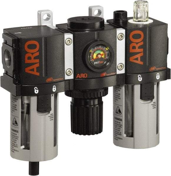 ARO/Ingersoll-Rand - 3/8" NPT Port Compact 3 Piece Filter-Regulator-Lubricator FRL Unit - Polycarbonate Bowl, 85 SCFM, 150 Max psi, 6.6" High x 6.614" Long, Automatic Drain - Exact Tool & Supply
