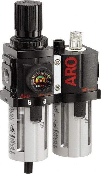 ARO/Ingersoll-Rand - 3/8" NPT Port Compact 2 Piece Filter/Regulator-Lubricator FRL Unit - Polycarbonate Bowl, 71 SCFM, 150 Max psi, 8.15" High x 4.409" Long, Automatic Drain - Exact Tool & Supply