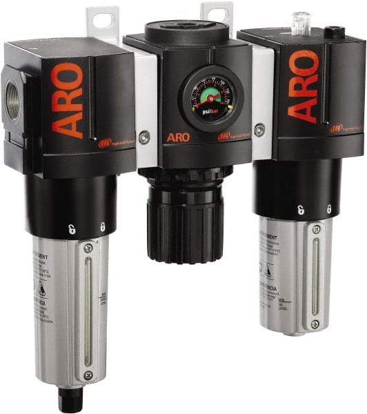 ARO/Ingersoll-Rand - 3/4" NPT Port Heavy Duty 3 Piece Filter-Regulator-Lubricator FRL Unit - Metal Bowl, 199 SCFM, 250 Max psi, 10.75" High x 11.102" Long, Automatic Drain - Exact Tool & Supply