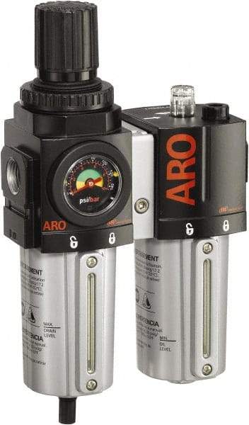 ARO/Ingersoll-Rand - 3/4" NPT Port Standard 2 Piece Filter/Regulator-Lubricator FRL Unit - Metal Bowl, 142 SCFM, 250 Max psi, 7.9" High x 5.724" Long, Manual Drain - Exact Tool & Supply