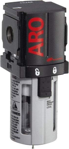 ARO/Ingersoll-Rand - 1/4" Port, 5.016" High x 1.811" Wide Miniature Filter with Polycarbonate Bowl, Automatic Drain - 49 SCFM, 150 Max psi, 125°F Max Temp, Modular Connection, Bowl Guard, 0.7 oz Bowl Capacity - Exact Tool & Supply