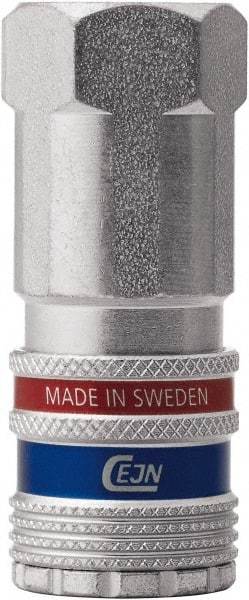 CEJN - 1/2 Female NPT Asian Pneumatic Hose Safety Coupler - Steel/Brass, 1/4" Body Diam, 1/2" Hose ID - Exact Tool & Supply