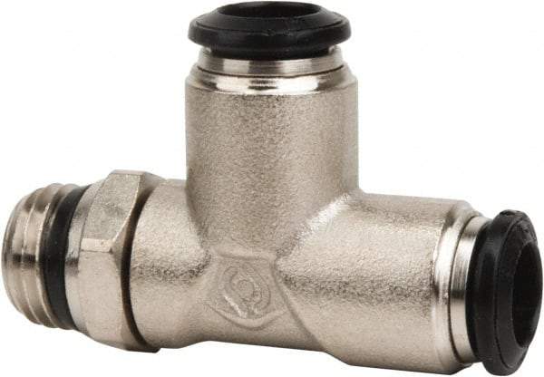 Value Collection - 6mm Outside Diam, 1/8 Universal, Nickel Plated Brass Push-to-Connect Tube Male Swivel Run Tee - 250 Max psi, Tube to Universal Thread Connection, Buna O-Ring - Exact Tool & Supply