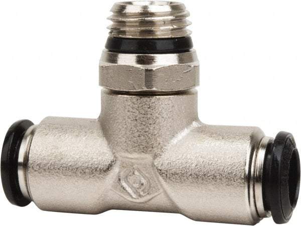 Value Collection - 8mm Outside Diam, 1/4 Universal, Nickel Plated Brass Push-to-Connect Tube Male Swivel Branch Tee - 250 Max psi, Tube to Universal Thread Connection, Buna O-Ring - Exact Tool & Supply