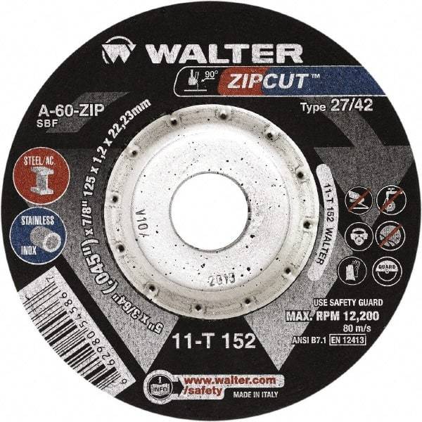WALTER Surface Technologies - 60 Grit, 4-1/2" Wheel Diam, 3/64" Wheel Thickness, 7/8" Arbor Hole, Type 27 Depressed Center Wheel - Aluminum Oxide, Resinoid Bond, 13,300 Max RPM, Compatible with Angle Grinder - Exact Tool & Supply