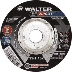 WALTER Surface Technologies - 60 Grit, 4-1/2" Wheel Diam, 3/64" Wheel Thickness, 7/8" Arbor Hole, Type 27 Depressed Center Wheel - Aluminum Oxide, Resinoid Bond, 13,300 Max RPM, Compatible with Angle Grinder - Exact Tool & Supply