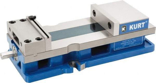 Kurt - 6" Jaw Width, 9" Jaw Opening Capacity, Horizontal Stationary Machine Vise - Reverse Manual Operation, 1 Station, 18.385" Long x 4.86" High x 1-47/64" Deep, 1.735" Jaw Height, 12,600 Lb Max Clamp Force, Ductile Iron - Exact Tool & Supply