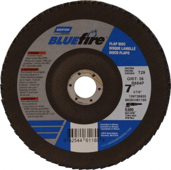 Norton - 36 Grit, 7" Disc Diam, 7/8" Center Hole, Type 29 Zirconia Alumina Flap Disc - 8,600 Max RPM, Cloth Backing, Arbor Attaching System, Coated - Exact Tool & Supply