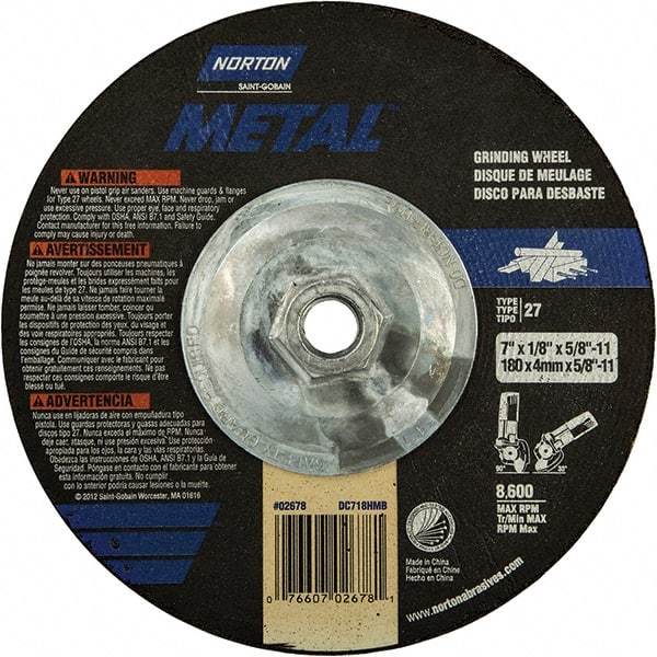 Norton - 24 Grit, 7" Wheel Diam, 1/8" Wheel Thickness, Type 27 Depressed Center Wheel - Extra Coarse Grade, Aluminum Oxide, 8,600 Max RPM, Compatible with Angle Grinder - Exact Tool & Supply