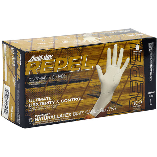 ‎62-322/L Disposable Gloves - Ambi-Dex Repel Disposable Latex - 5 Mil Natural - Powdered - Text Grip - Exact Tool & Supply