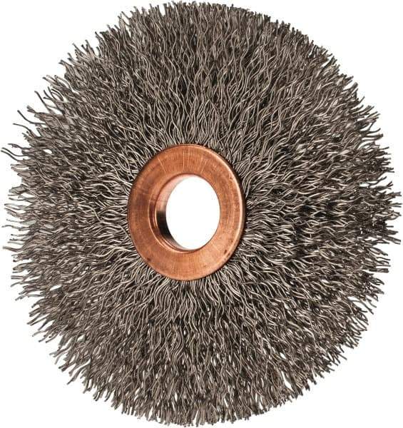 Value Collection - 3" OD, 1/2" Arbor Hole, Crimped Stainless Steel Wheel Brush - 3/8" Face Width, 1" Trim Length, 0.012" Filament Diam, 15,000 RPM - Exact Tool & Supply