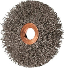 Value Collection - 3" OD, 1/2" Arbor Hole, Crimped Stainless Steel Wheel Brush - 3/8" Face Width, 1" Trim Length, 0.012" Filament Diam, 15,000 RPM - Exact Tool & Supply