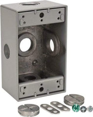 Thomas & Betts - 1 Gang, (5) 1/2" Knockouts, Aluminum Rectangle Outlet Box - 4-1/2" Overall Height x 2-1/2" Overall Width x 2" Overall Depth, Weather Resistant - Exact Tool & Supply