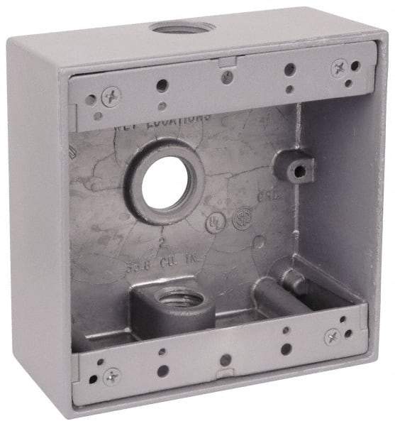 Thomas & Betts - 2 Gang, (3) 3/4" Knockouts, Aluminum Square Outlet Box - 4-9/16" Overall Height x 4-5/8" Overall Width x 2-1/16" Overall Depth, Weather Resistant - Exact Tool & Supply
