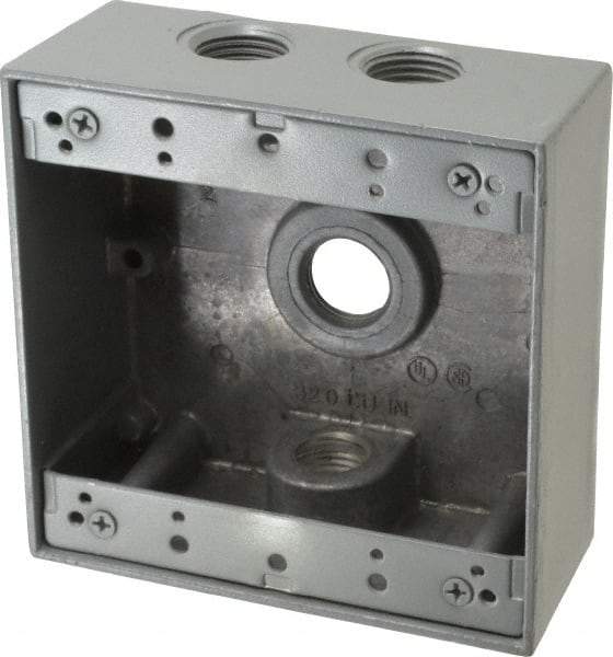 Thomas & Betts - 2 Gang, (4) 1/2" Knockouts, Aluminum Square Outlet Box - 4-9/16" Overall Height x 4-5/8" Overall Width x 2-1/16" Overall Depth, Weather Resistant - Exact Tool & Supply