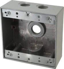 Thomas & Betts - 2 Gang, (4) 1/2" Knockouts, Aluminum Square Outlet Box - 4-9/16" Overall Height x 4-5/8" Overall Width x 2-1/16" Overall Depth, Weather Resistant - Exact Tool & Supply