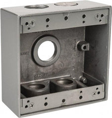 Thomas & Betts - 2 Gang, (5) 3/4" Knockouts, Aluminum Square Outlet Box - 4-9/16" Overall Height x 4-5/8" Overall Width x 2-1/16" Overall Depth, Weather Resistant - Exact Tool & Supply