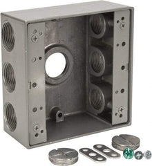 Thomas & Betts - 2 Gang, (7) 3/4" Knockouts, Aluminum Square Outlet Box - 4-9/16" Overall Height x 4-5/8" Overall Width x 2-1/16" Overall Depth, Weather Resistant - Exact Tool & Supply