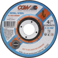 Camel Grinding Wheels - 24 Grit, 6" Wheel Diam, 1/8" Wheel Thickness, Type 27 Depressed Center Wheel - Coarse Grade, Aluminum Oxide, Resinoid Bond, 10,200 Max RPM - Exact Tool & Supply