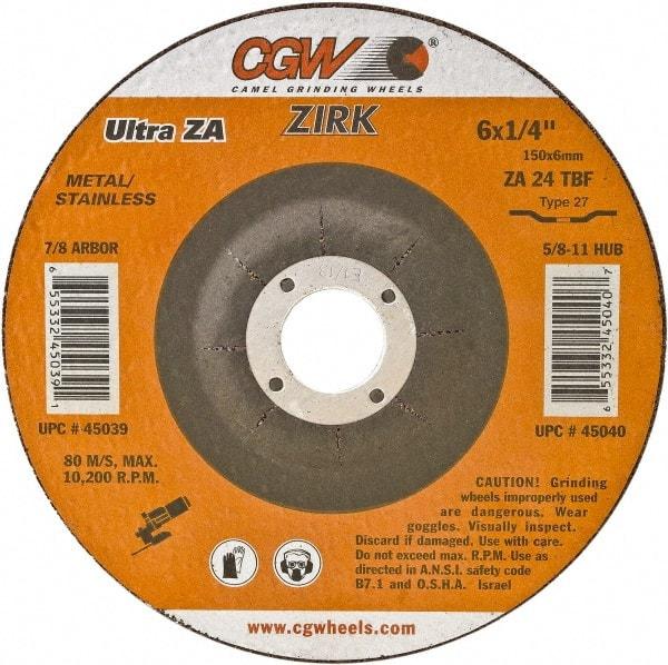 Camel Grinding Wheels - 24 Grit, 6" Wheel Diam, 1/4" Wheel Thickness, Type 27 Depressed Center Wheel - Coarse Grade, Zirconia Alumina, Resinoid Bond, 10,200 Max RPM - Exact Tool & Supply