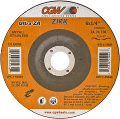 Camel Grinding Wheels - 24 Grit, 9" Wheel Diam, 1/4" Wheel Thickness, 7/8" Arbor Hole, Type 27 Depressed Center Wheel - Coarse Grade, Zirconia Alumina, Resinoid Bond, 6,650 Max RPM - Exact Tool & Supply
