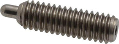 Vlier - 5/16-18, 1" Thread Length, 3/16" Plunger Projection, Stainless Steel Threaded Spring Plunger - 0.133 - 0.135" Max Plunger Diam, 1" Plunger Length, 3 Lb Init End Force, 15 Lb Final End Force, 0.093" Hex - Exact Tool & Supply