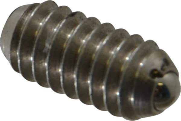 Vlier - 1/4-20, 0.125" Ball Diam, 0.531" Body Length, 0.035" Max Ball Reach, Threaded Ball Plunger - Stainless Steel Body, Stainless Steel Ball, 3 Lb Initial End Force, 7 Lb Final End Force, Locking Element - Exact Tool & Supply