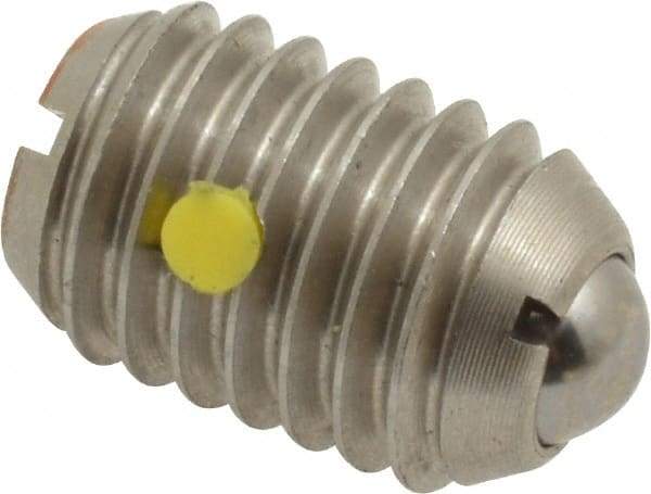 Vlier - 1/2-13, 0.281" Ball Diam, 0.75" Body Length, 0.072" Max Ball Reach, Threaded Ball Plunger - Stainless Steel Body, Stainless Steel Ball, 6 Lb Initial End Force, 30 Lb Final End Force, Locking Element - Exact Tool & Supply