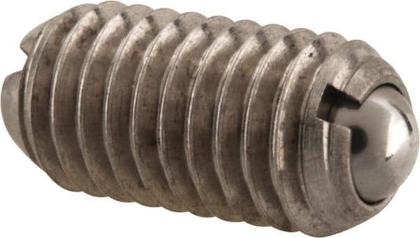 Vlier - M8x1.25, 5mm Ball Diam, 16mm Body Length, 1.5mm Max Ball Reach, Threaded Ball Plunger - Stainless Steel Body, Stainless Steel Ball, 9 Lb Initial End Force, 13.49 Lb Final End Force, Locking Element - Exact Tool & Supply