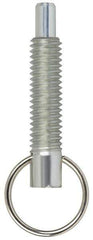 Vlier - M6x1.0, 0.8" Thread Length, 4mm Plunger Diam, 6.4mm Plunger Projection, 4.4 N Init to 11 N Final End Force, Steel Locking Pull Ring Plunger - 20.3mm Len Under Head, 29mm Body Len, 16mm Ring Diam, 1.1" Plunger Len, 0.3" Head Height - Exact Tool & Supply