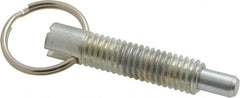 Vlier - 3/8-16, 1.2" Thread Length, 0.233" Plunger Diam, 3/8" Plunger Projection, 2 Lb Init to 4 Lb Final End Force, Steel Locking Pull Ring Plunger - Exact Tool & Supply