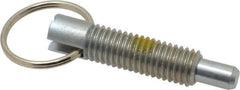 Vlier - 1/2-13, 1.4" Thread Length, 5/16" Plunger Diam, 1/2" Plunger Projection, 2.5 Lb Init to 5 Lb Final End Force, Steel Locking Pull Ring Plunger - 1.4" Len Under Head, 2" Body Len, 1.26" Ring Diam, 2" Plunger Len, 0.6" Head Height, Locking Element - Exact Tool & Supply
