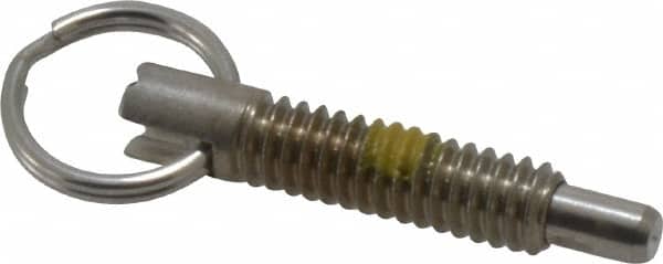Vlier - 1/4-20, 0.8" Thread Length, 0.155" Plunger Diam, 1/4" Plunger Projection, 1 Lb Init to 2.5 Lb Final End Force, Stainless Steel Locking Pull Ring Plunger - Exact Tool & Supply