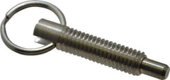 Vlier - 3/8-16, 1.2" Thread Length, 0.233" Plunger Diam, 3/8" Plunger Projection, 2 Lb Init to 4 Lb Final End Force, Stainless Steel Locking Pull Ring Plunger - 1.2" Len Under Head, 1.68" Body Len, 0.98" Ring Diam, 1.68" Plunger Len, 0.48" Head Height - Exact Tool & Supply