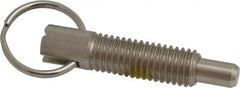 Vlier - 1/2-13, 1.4" Thread Length, 5/16" Plunger Diam, 1/2" Plunger Projection, 2.5 Lb Init to 5 Lb Final End Force, Stainless Steel Locking Pull Ring Plunger - Exact Tool & Supply