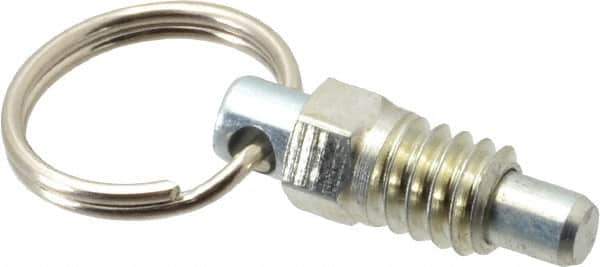 Vlier - 1/4-20, 0.31" Thread Length, 0.16" Plunger Diam, 0.19" Plunger Projection, 0.5 Lb Init to 2 Lb Final End Force, Steel Pull Ring Plunger - 0.31" Len Under Head, 0.44" Body Len, 0.62" Ring Diam, 0.62" Plunger Len, 1/4" Hex, 0.18" Head Height - Exact Tool & Supply