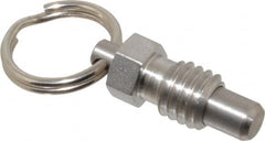 Vlier - 3/8-16, 0.31" Thread Length, 1/4" Plunger Diam, 0.28" Plunger Projection, 0.75 Lb Init to 3 Lb Final End Force, Stainless Steel Pull Ring Plunger - Exact Tool & Supply