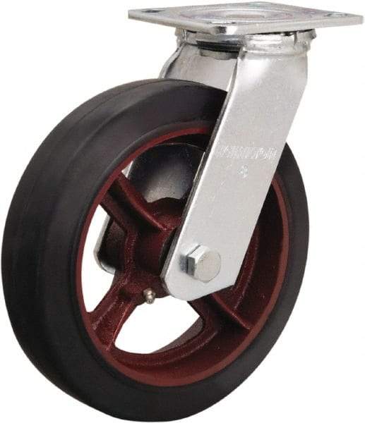 Hamilton - 8" Diam x 2" Wide x 9-1/2" OAH Top Plate Mount Swivel Caster - Rubber Mold on Cast Iron, 500 Lb Capacity, Straight Roller Bearing, 4 x 4-1/2" Plate - Exact Tool & Supply