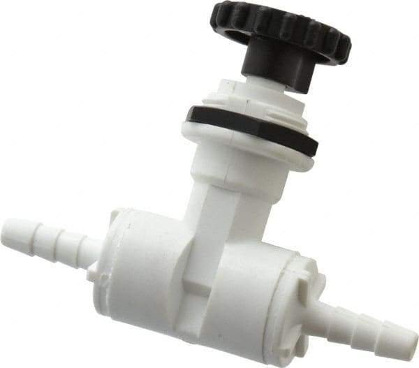Specialty Mfr - 1/4" Pipe, Inline Needle Valve - PTFE Seal, Barbed x Barbed Ends, Polypropylene Valve, 125 Max psi - Exact Tool & Supply
