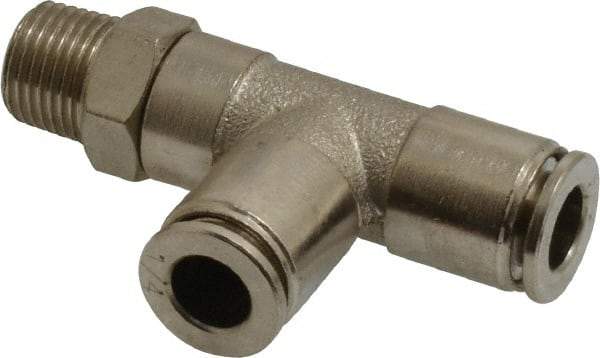 Value Collection - 1/4" Outside Diam, 1/8 NPT, Nickel Plated Brass Push-to-Connect Tube Male Run Tee - 150 Max psi, Tube to Male NPT Connection, Brass O-Ring - Exact Tool & Supply