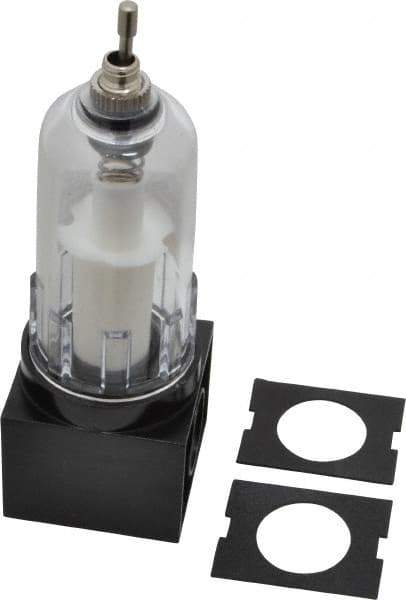 PRO-SOURCE - 1/4" Port, 4.64" High x 1-1/2" Wide, Compact FRL Filter with Polycarbonate Bowl & Manual Drain - 30 SCFM, 150 Max psi, 125°F Max, Modular Connection, 1 oz Bowl Capacity - Exact Tool & Supply