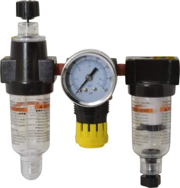 PRO-SOURCE - 1/8" NPT Port Miniature 3 Piece Filter-Regulator-Lubricator FRL Unit - Polycarbonate Bowl, 22 SCFM, 150 Max psi, 5.98" High, Manual Drain - Exact Tool & Supply