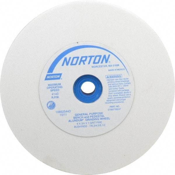 Norton - 100 Grit Aluminum Oxide Bench & Pedestal Grinding Wheel - 6" Diam x 1" Hole x 3/4" Thick, 4140 Max RPM, J Hardness, Fine Grade , Vitrified Bond - Exact Tool & Supply