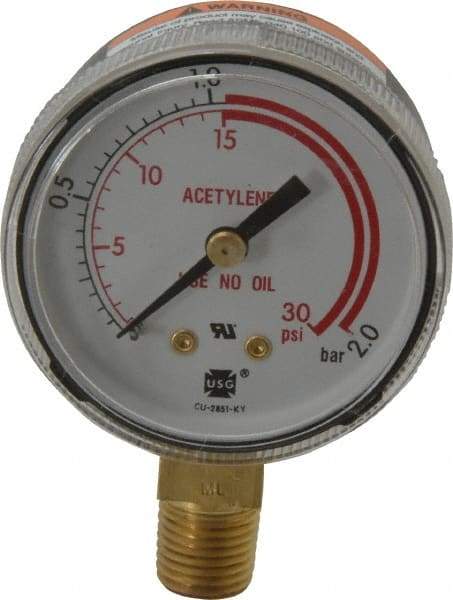 Miller-Smith - 1/4 Inch NPT, 30 Max psi, Steel Case Cylinder Pressure Gauge - 2 Inch Dial Diameter, Acetylene Only - Exact Tool & Supply