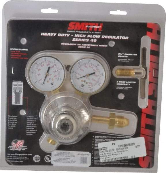 Miller-Smith - 580 CGA Inlet Connection, Internal Fitting, 275 Max psi, Nitrogen Welding Regulator - 5/8-18 Thread, Right Hand Rotation - Exact Tool & Supply