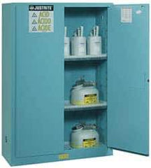 Justrite - 2 Door, 2 Shelf, Blue Steel Standard Safety Cabinet for Corrosive Chemicals - 65" High x 43" Wide x 18" Deep, Manual Closing Door, 3 Point Key Lock, 45 Gal Capacity - Exact Tool & Supply