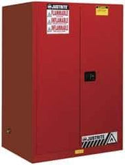 Justrite - 2 Door, 2 Shelf, Red Steel Standard Safety Cabinet for Flammable and Combustible Liquids - 65" High x 43" Wide x 34" Deep, Manual Closing Door, 3 Point Key Lock, 90 Gal Capacity - Exact Tool & Supply